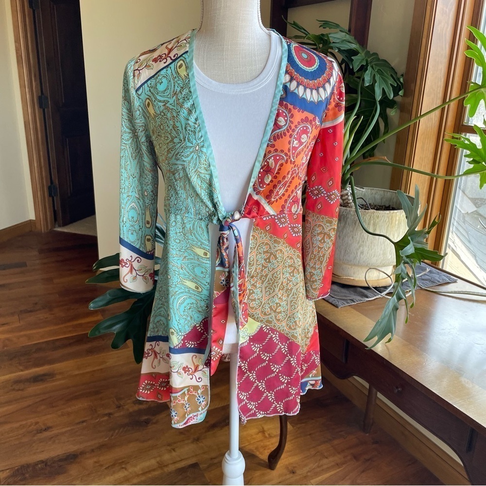 CAbi Style # 914 Tie Front Silky Patchwork Kimono Top